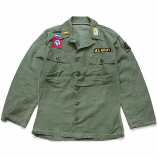 60s 米軍 U.S.ARMY AIRBONE パッチ付き コットンサテン ユーティリティシャツ オリーブグリーン カスタム★ビンテージ ミリタリー(シャツ)