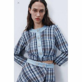 ザラ(ZARA)のZARA ジャガード テクスチャー 短丈ノーカラーデニムジャケット コントラスト(トレーナー/スウェット)