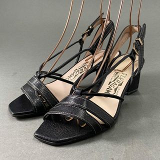 サルヴァトーレフェラガモ(Salvatore Ferragamo)の3f4 《極美品》定価￥90,300  Salvatore Ferragamo サルヴァトーレ フェラガモ レザーストラップ ヒールサンダル 6 1/2 ブラック leather シューズ イタリア製(サンダル)