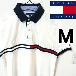 トミーヒルフィガー(TOMMY HILFIGER)のトミーヒルフィガー ホワイト 半袖ポロシャツ 刺繍ロゴ 人気デザイン 男性M(ポロシャツ)