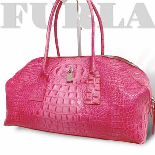 フルラ(Furla)の美品【フルラ】ハンドバッグ ボストン クロコ型押し 大容量 ピンク 旅行(トートバッグ)