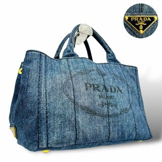 プラダ(PRADA)の美品 PRADA プラダ ハンドバッグ カナパ M 三角ロゴ デニム ブルー(ハンドバッグ)