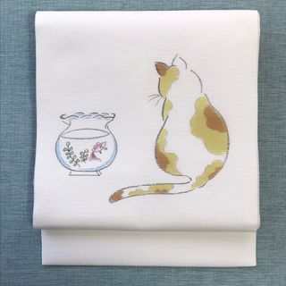 新品未使用　正絹　夏名古屋帯　猫　ねこ　金魚　紗絽(着物)