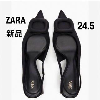 ザラ(ZARA)のZARA ザラ ビジューディテール スリングバックシューズ  ブラック 24.5(ハイヒール/パンプス)