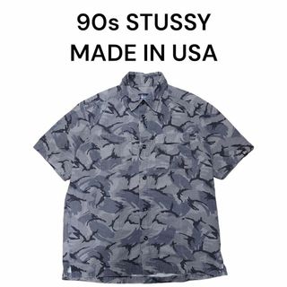 ステューシー(STUSSY)のUSA製 STUSSY　迷彩総柄ボタンシャツ　ステューシー　グレー　古着(Tシャツ/カットソー(半袖/袖なし))