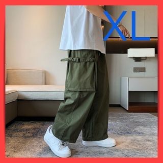 カーゴパンツ ワイド ユニセックス メンズ ダボ 袴パンツ カーキ XL 人気(ワークパンツ/カーゴパンツ)