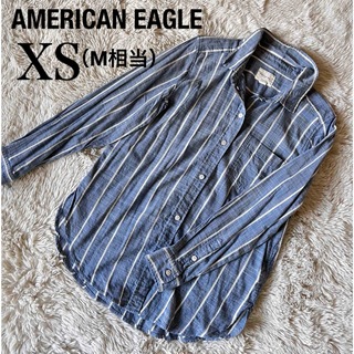 アメリカンイーグル(American Eagle)のアメリカンイーグル　春夏　ストライプ　刺繍　水色　長袖　シャツ　トップス(シャツ/ブラウス(長袖/七分))
