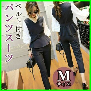 セットアップ パンツスーツ レディース9号 春服コーデ ベルト付き M黒(スーツ)