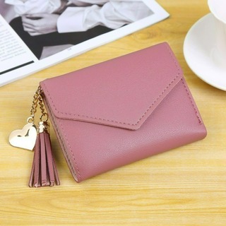 三つ折り　財布　ハート　くすみピンク　フリンジ　タッセル　カード　お札入れ　薄型(財布)
