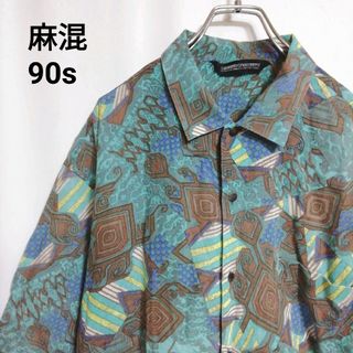 ライカ(RAIKA)の【90s】古着　ライカ　半袖シャツ　幾何学模様　総柄　薄手　麻混(シャツ)