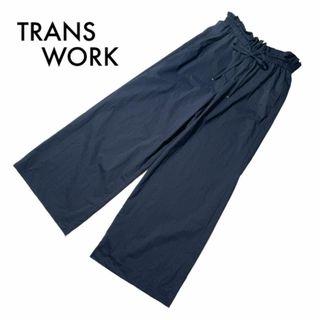 トランスワーク(TRANS WORK)の美品 トランスワーク ハイウエストワイドパンツ 38 M ネイビー ストライプ柄(カジュアルパンツ)