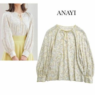 アナイ(ANAYI)のアナイ＊シルエットモチーフプリントクルーブラウス　とろみ　38(シャツ/ブラウス(長袖/七分))