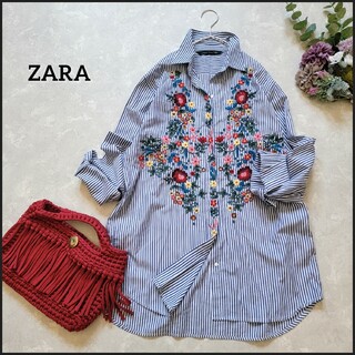 ZARA - ザラ●カラフル花柄刺繍♪フラワーモチーフストライプ柄ゆったりオーバーサイズシャツ
