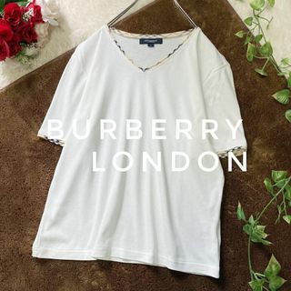 バーバリー(BURBERRY)のバーバリーロンドン　Vネック半袖カットソー　ノバチェックポイント使い　綿　2(Tシャツ(半袖/袖なし))