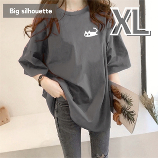 オーバーサイズTシャツ 半袖 ビッグシルエット 体型カバー ワンポイント 猫(Tシャツ/カットソー(半袖/袖なし))