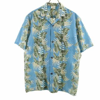 ロイヤルクリエイションズ ハワイ製 半袖 リバースプリント オープンカラー アロハシャツ L ブルー系 Royal Creations メンズ(シャツ)