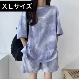 レディースセットアップ上下セット春夏秋ブルーカモフラXL シンプル ルームウェア(Tシャツ(半袖/袖なし))