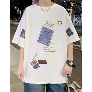 Tシャツ プリント カジュアル ゆったり メンズ レディース ホワイト 白 XL(Tシャツ/カットソー(半袖/袖なし))