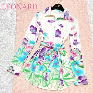 LEONARD - 美品 レオナール シャツブラウス 花柄 はおり ベルト 総柄 38 M