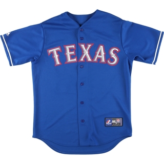 古着 Majestic MLB TEXAS RANGERS テキサスレンジャーズ ゲームシャツ ベースボールシャツ USA製 メンズM /eaa453363(シャツ)