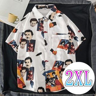 【赤字覚悟‼】　柄シャツ　シャツ　総柄　ストリート　２ＸＬ　半袖　トレンド　白(シャツ)