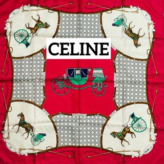 セリーヌ(celine)の★CELINE★ スカーフ 大判 マカダム 馬車 鞭 シルク ショッキングピンク(バンダナ/スカーフ)