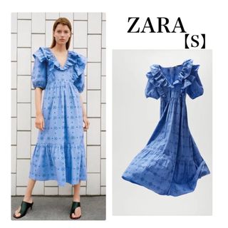 ザラ(ZARA)のZARA ザラ カットワーク レースフリルロングワンピース ブルー水色 S(ロングワンピース/マキシワンピース)