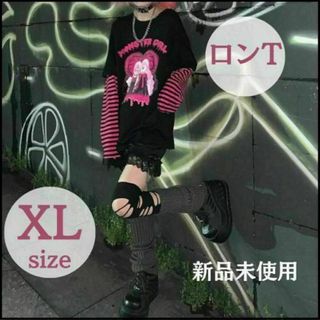 XLサイズ アニメ風ロンT 黒ピンク 大きめ 袖ストライプ 【新品未使用品】(Tシャツ(長袖/七分))