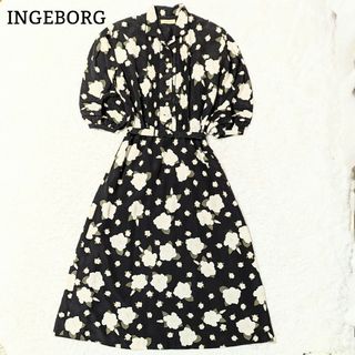 INGEBORG - インゲボルグ マキシ丈ワンピース ピンタック パールボタン 花柄 黒 F