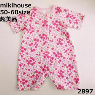 ミキハウス(mikihouse)の2897 【超美品】 ミキハウス ロンパース 50 60 花 ピンク 花(ロンパース)