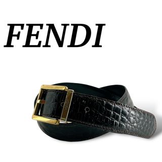 FENDI - フェンディ　ベルト　クロコ型押し　ゴールド金具　ロゴ　男女兼用　ブラック　レザー