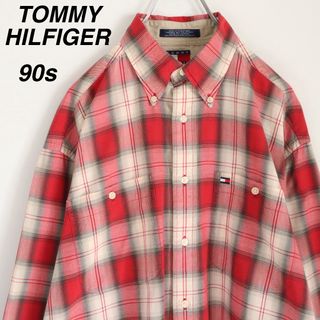 トミーヒルフィガー(TOMMY HILFIGER)の【90s】トミーヒルフィガー／オンブレチェックシャツ　刺繍ロゴ　Lサイズ　古着(シャツ)