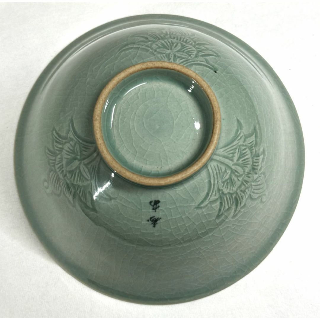 高麗青磁 壽安窯 張英安作(保証) 象嵌雲鶴文深茶碗 骨董 時代 高麗青磁 壽安窯 張英安作(保証) 象嵌雲鶴文深茶碗 骨董 時代