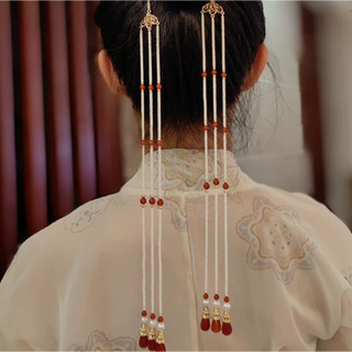 真珠瑠璃墜流蘇釵 白赤金色髪飾り2点セット　結婚式　成人式　中華風　着物　漢服