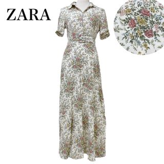 ザラ(ZARA)のZARA   花柄　マキシドレス　同布ベルト付き　ロングシャツワンピース　M(ロングワンピース/マキシワンピース)