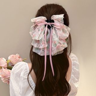 72【大人気】韓国アクセサリーヘアクリップリボン花柄ピンクオルチャンシフォン(バレッタ/ヘアクリップ)