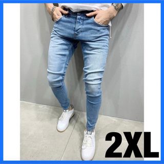 2XL デニム スキニー ストレッチ スリム メンズ パンツ ライトブルー (デニム/ジーンズ)