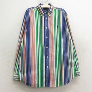 ラルフローレン(Ralph Lauren)の古着 ラルフローレン Ralph Lauren 長袖 ブランド シャツ キッズ ボーイズ 子供服 90年代 90s ワンポイントロゴ コットン ボタンダウン 青他 ブルー ストライプ 【spe】 24jun04(シャツ/カットソー)