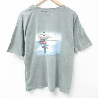 XL★古着 半袖 Tシャツ メンズ 看板 大きいサイズ コットン クルーネック 薄緑 グリーン 24jun04 中古(Tシャツ/カットソー(半袖/袖なし))