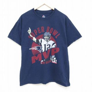 マジェスティック(Majestic)のL★古着 マジェスティック 半袖 Tシャツ メンズ NFL ニューイングランドペイトリオッツ トムブレイディ 12 コットン クルーネック 紺 ネイビー アメフト スーパーボウル 24jun04 中古(Tシャツ/カットソー(半袖/袖なし))