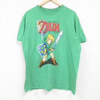 L★古着 半袖 Tシャツ メンズ ゲーム ニンテンドー ゼルダの伝説 リンク クルーネック 緑 グリーン 霜降り 【spe】 24jun04 中古(Tシャツ/カットソー(半袖/袖なし))