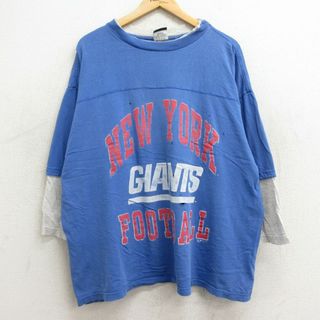 XL★古着 SIGNAL 7分袖 ビンテージ フットボール Tシャツ メンズ 90年代 90s NFL ニューヨークジャイアンツ 大きいサイズ コットン クルーネック USA製 青 ブルー アメフト スーパーボウル 24jun04 中古 7分丈 七分丈 七分袖(Tシャツ/カットソー(半袖/袖なし))