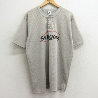 XL★古着 半袖 ビンテージ Tシャツ メンズ 00年代 00s Swingers YUMYUM 9 メッシュ地 ヘンリーネック グレー ゲームシャツ ユニフォーム 24jun04 中古(Tシャツ/カットソー(半袖/袖なし))