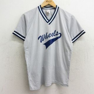 M★古着 半袖 ビンテージ Tシャツ メンズ 80年代 80s Wheels 9 ラグラン Vネック USA製 グレー他 24jun04 中古(Tシャツ/カットソー(半袖/袖なし))