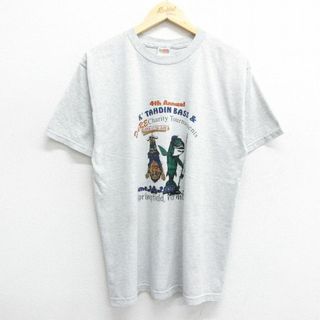 フルーツオブザルーム(FRUIT OF THE LOOM)のL★古着 フルーツオブザルーム 半袖 ビンテージ Tシャツ メンズ 00年代 00s 魚 釣り ショベルカー クルーネック 薄グレー 霜降り 24jun04 中古(Tシャツ/カットソー(半袖/袖なし))