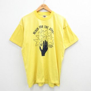 フルーツオブザルーム(FRUIT OF THE LOOM)のXL★古着 フルーツオブザルーム 半袖 ビンテージ Tシャツ メンズ 90年代 90s 手 星 クルーネック 黄 イエロー 24jun04 中古(Tシャツ/カットソー(半袖/袖なし))