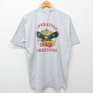 XL★古着 半袖 ビンテージ Tシャツ メンズ 00年代 00s イラク戦争 星条旗 ワシ クルーネック グレー 霜降り 24jun04 中古(Tシャツ/カットソー(半袖/袖なし))