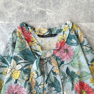 305＊ザラZARA☆花柄 ボウタイ とろみブラウス シャツ トップス フラワー(シャツ/ブラウス(長袖/七分))