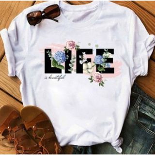 【新品未使用】レディース　シンプル　LIFE　英文字　ＸＬ　ホワイト(Tシャツ(半袖/袖なし))