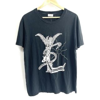 SAINT LAURENT PARIS(サンローランパリ) 半袖Tシャツ サイズXL メンズ - 黒×白 クルーネック(Tシャツ/カットソー(半袖/袖なし))